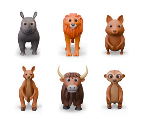 Vector wild animals in 3D style. Funny friendly creatures, front view