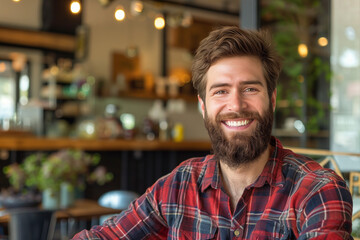 Obraz premium Bearded man sitting in a cozy cafe, smiling at the camera