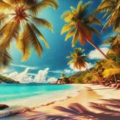 Fototapeta premium Island Bliss: Palm trees sway on a pristine tropical beach, perfect for relaxation. White sand, turquoise water. generative AI