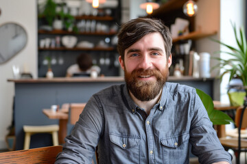Fototapeta premium Bearded man sitting in a cozy cafe, smiling at the camera