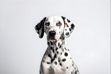 studio headshot portrait of Dalmatian dog looking forward against a white background
