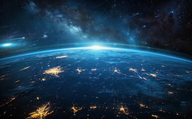 Obraz premium Earthrise Over Nighttime City Lights With Milky Way and Shooting Stars