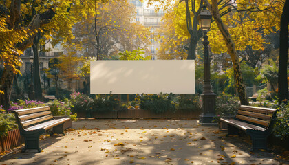 Obraz premium Sunlit Autumn Park with Blank Signboard, Tranquil Benches, and Lamps Along a Tree Lined Path, Perfect for Adding Your Own Text or Advertisement, Surrounded by Foliage and Outdoor Serenity