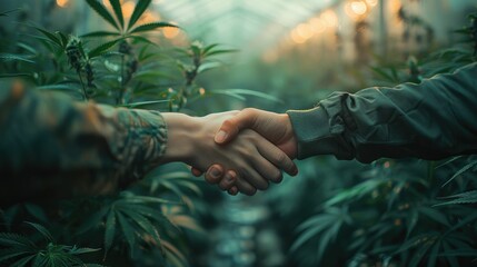 Two people shaking hands in a greenhouse filled with lush cannabis plants, symbolizing partnership and agreement in the marijuana industry.