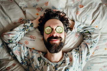 Bearded man lying on the bed with cucumber slices on his eyes