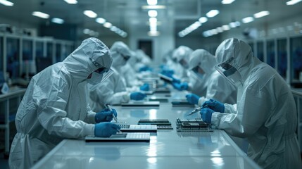 Interior view of a clean room manufacturing facility with workers wearing clean suits and protective gear diligently assembling and constructing high tech electronic components and devices under a