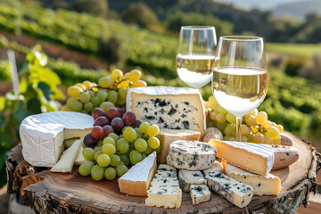 Tasting of various flavors of cheese served on wooden platter, glass of white wine and grapes with French vineyards view.