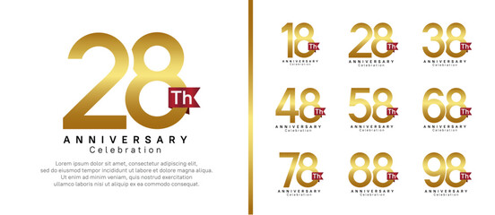 anniversary logo set. vector design gold color with red ribbon can be use for celebration event