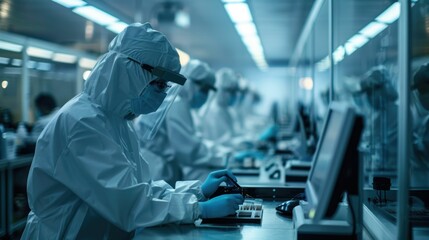 Clean room manufacturing environment with workers in sterile protective suits assembling high tech electronic devices and components in a controlled regulated workspace