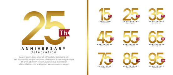 anniversary logo set. vector design gold color with red ribbon can be use for celebration event