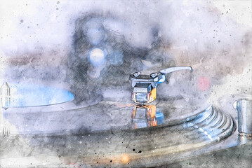 Close up of turntable stylus (needle) on black vinyl record. (digital photosketch)