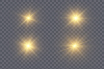 Set of glowing isolated golden transparent light effects. Set of shining glowing stars, lens flare, explosion, sparkle, dust, line, solar flare, spark and stars.