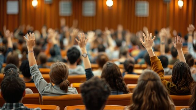 Image of a crowd of people attending a seminar or conference with several participants raising their hands to ask questions or engage in the discussion