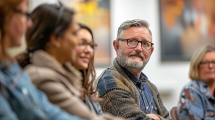 Diverse group of adult students attending a continuing education class with a teacher leading the discussion and interaction The classroom setting promotes learning skill development