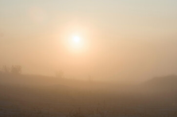 Fog in the autumn morning, the sun at dawn, natural natural background.