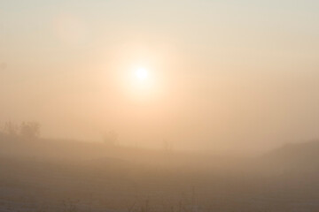 Fog in the autumn morning, the sun at dawn, natural natural background.