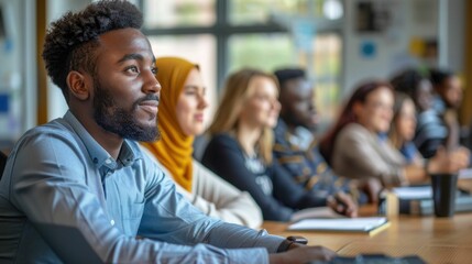 Diverse group of aspiring entrepreneurs in an entrepreneurship workshop collaborating and learning business strategies for their startup ventures  They are engaged in discussion presentation