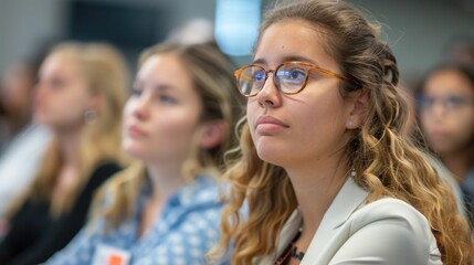Fototapeta premium Close up of a young female professional intently listening and taking notes during a career advancement seminar or conference where attendees are gathered to receive career tips and advice for