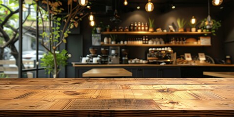 Rustic Wooden Table in a Cozy Cafe