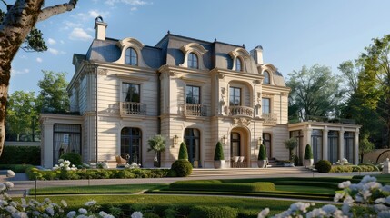 a classic luxury mansion exterior, showcasing its white stone facade and meticulously designed large garden from the front view.