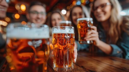 A group of friends gathered at a lively pub raising their glasses in a celebratory toast as they enjoy an evening of drinks laughter and time together