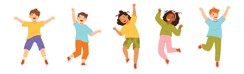 Jumping Kids Feeling Happiness and Excitement Having Fun Vector Set