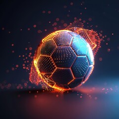 A glowing soccer ball with a digital, pixelated trail against a dark background.