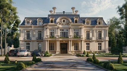 a classic luxury mansion exterior, showcasing its white stone facade and meticulously designed large garden from the front view.