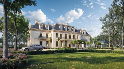 a classic luxury mansion exterior, showcasing its white stone facade and meticulously designed large garden from the front view.