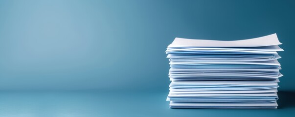 Stack of white papers organized on a blue background, representing office documentation, business, and information organization.