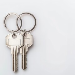 Two silver keys on a key ring against a clean white background, symbolizing security, access, and ownership. Ideal for various uses.