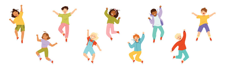 Jumping Kids Feeling Happiness and Excitement Having Fun Vector Set