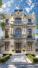 Obraz premium a classic luxury mansion exterior, showcasing its white stone facade and meticulously designed large garden from the front view.