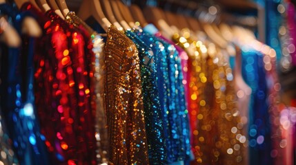 Fototapeta premium Store display of sequin party dresses on hangers close up shot Text space available
