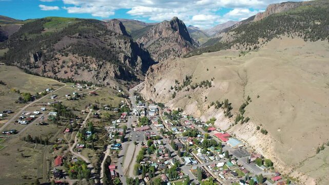 Aerial View of Creede, Colorado USA, Old Mining Town in Valley on Sunny Summer Day
