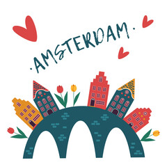 Dutch travel Amsterdam City Holland landmarks Netherlands vector illustration for print, postcard, banner