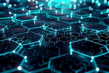 digital background design with intricate geometric patterns of interconnected hexagons and glowing elements. The high-tech design is enhanced