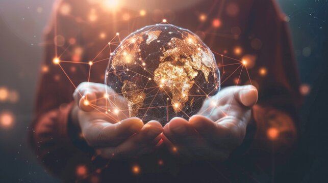 Hands holding global network connections and technology innovation in science