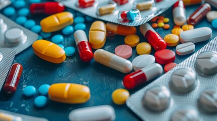 capturing colorful prescription medications and tablets spilling out of a packaging box onto a table, with ample space for text. The vibrant medical supplements 