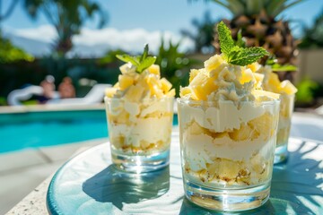featuring pineapple fluff salad in cocktail glasses, set against a backdrop of a swimming pool under clear skies with a few people in the background. The shot focuses on capturing