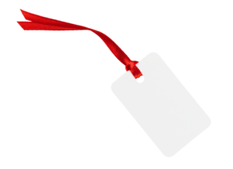 White gift tag with red ribbon isolated on transparent background