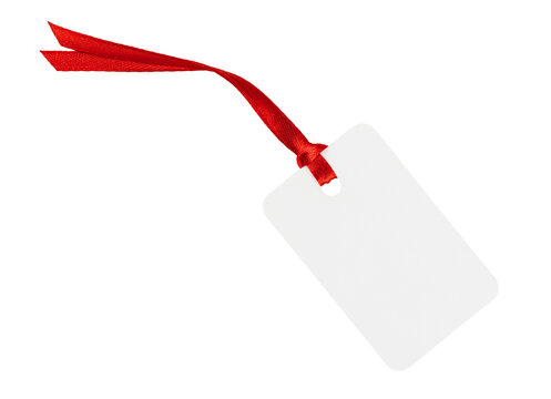 White gift tag with red ribbon isolated on transparent background