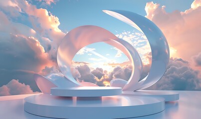 An abstract podium design inspired by clouds, with swirling shapes and light effects, set against a...