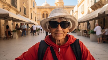 Elderly woman with camera exploring old city, admiring historic architectural landmarks