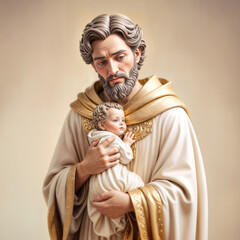 Statue of Saint Joseph holding a baby in his hands. Generative ai.