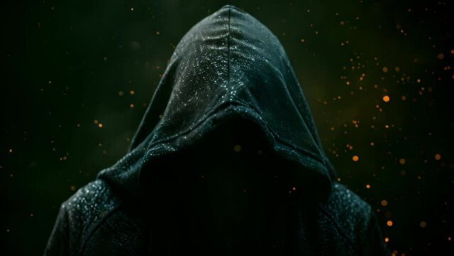 A close-up photo of a person wearing a dark hooded jacket, with a background of sparkling lights. The persons face is obscured by the hood.