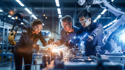 Team of technicians collaboratively working on a robotic arm assembly in a high-tech factory environment.