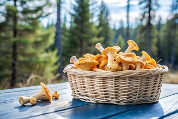 A rustic wicker basket brimming with fresh golden chanterelle mushrooms, placed on a weathered wooden table amid a lush, green forest backdrop.