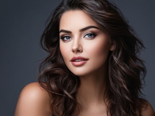 Naklejka premium Classic Beauty: Woman shines on a simple grey backdrop, timeless elegance. generative AI
