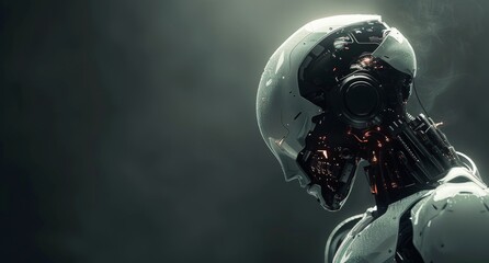 A Futuristic Robot With Exposed Wiring Stands Alone in a Dark Setting